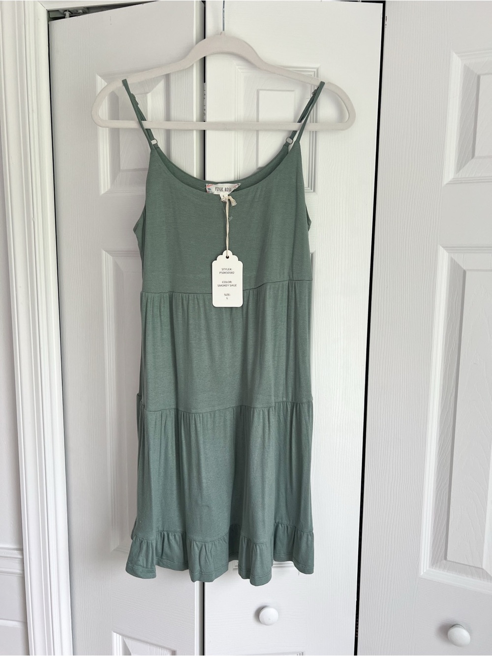 NWT Large Pink Rose Smokey Sage green Tiered Spaghetti Strap Sun Dress